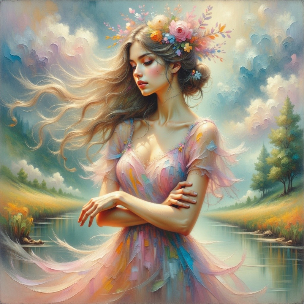 Serene Woman by Tranquil River in Pastel Dress