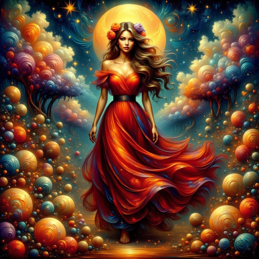 Ethereal Woman in Red Gown in Whimsical Landscape