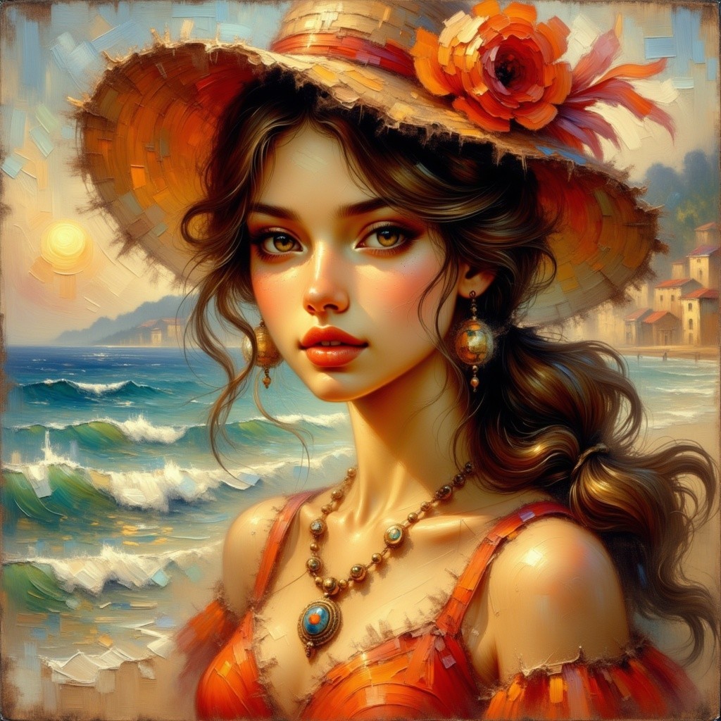 Young woman in vibrant outfit by seaside at sunset