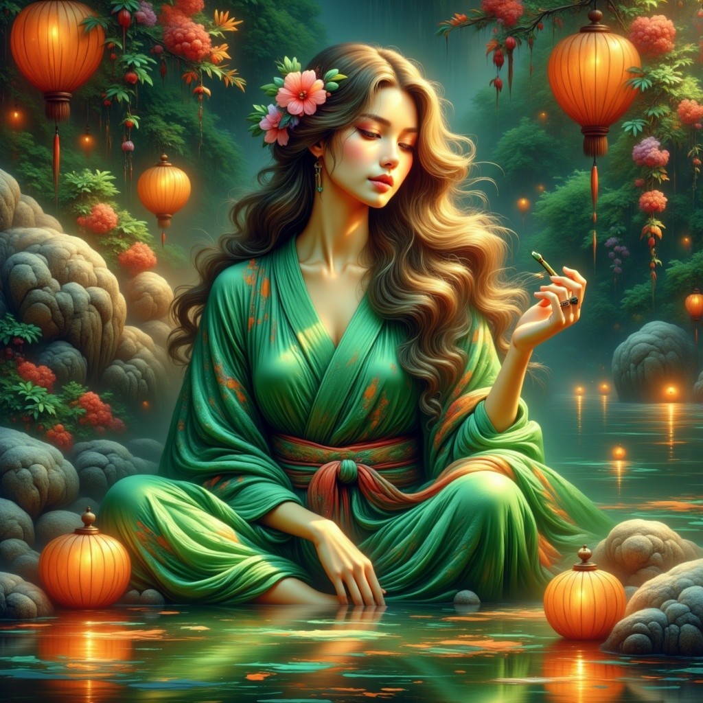 Woman in kimono by tranquil pond with lanterns
