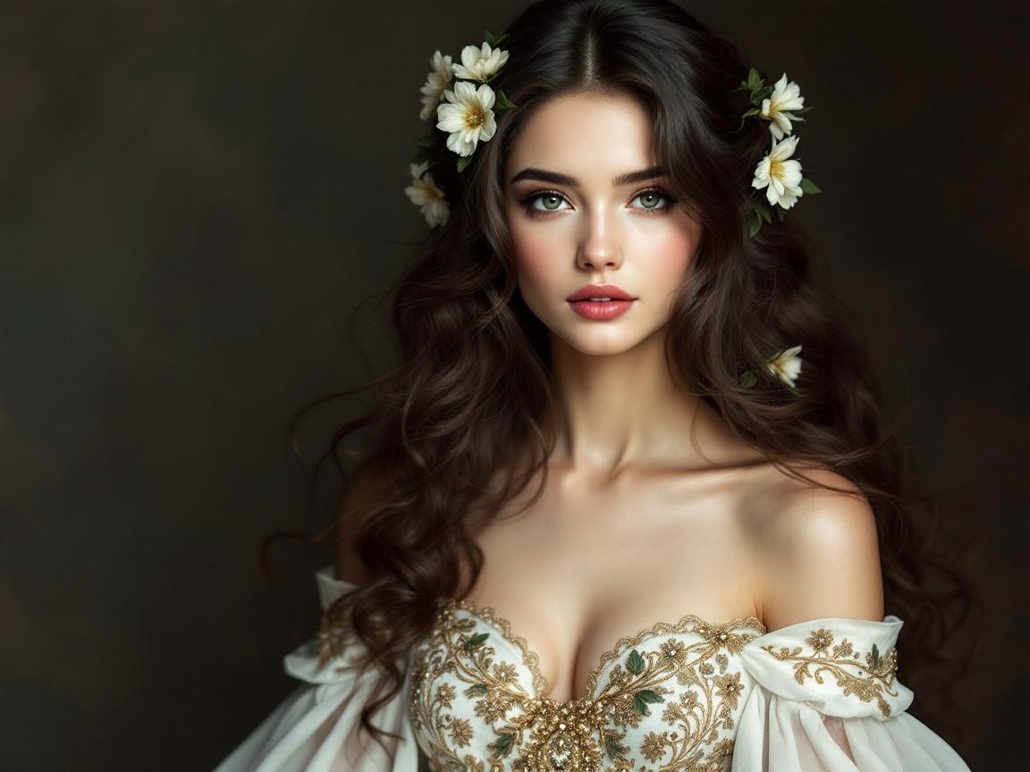 Young woman in embroidered gown with flowers in hair