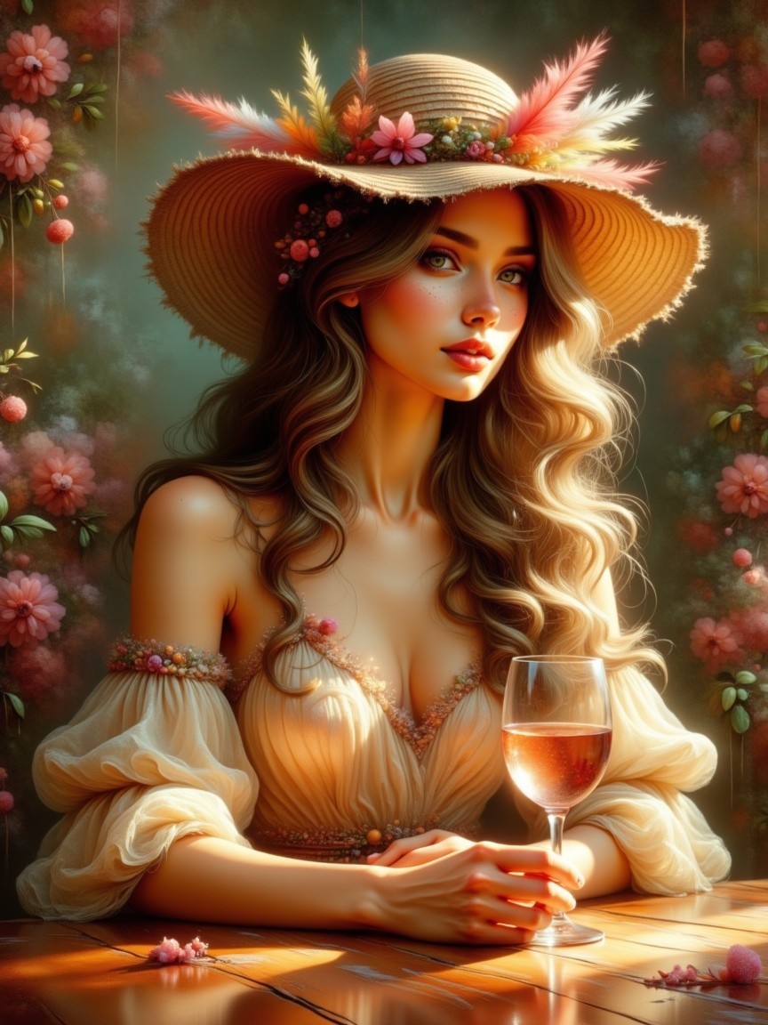 Young woman in floral setting with wine glass