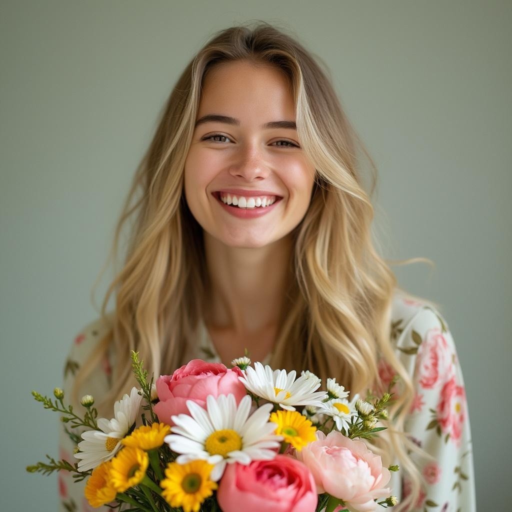 Young woman with bouquet of pink roses and daisies