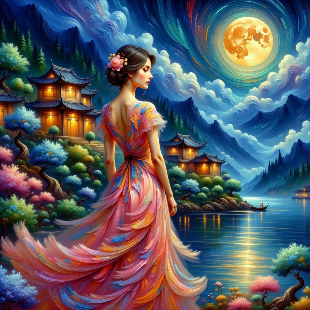 Young Woman by Lake with Moonlit Sky and Blossoms