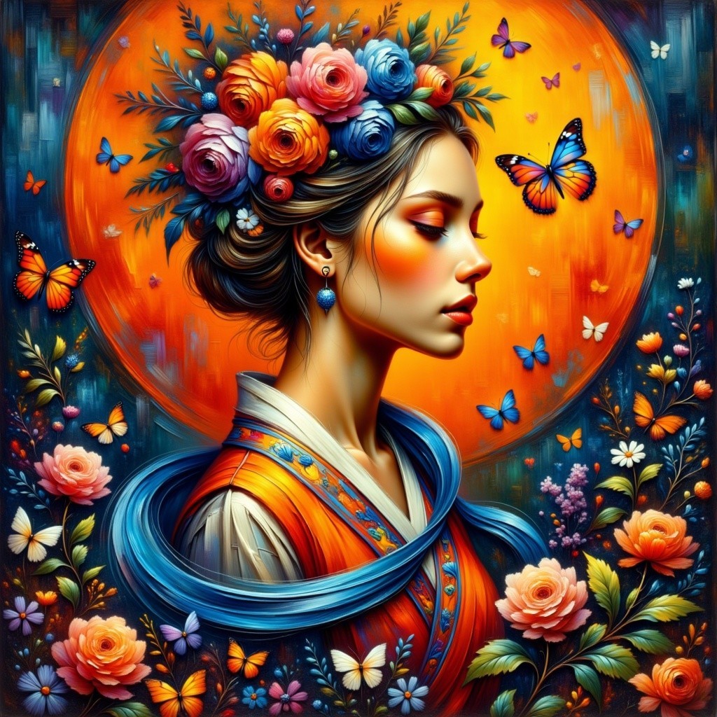 Colorful Portrait of Woman with Flowers and Butterflies