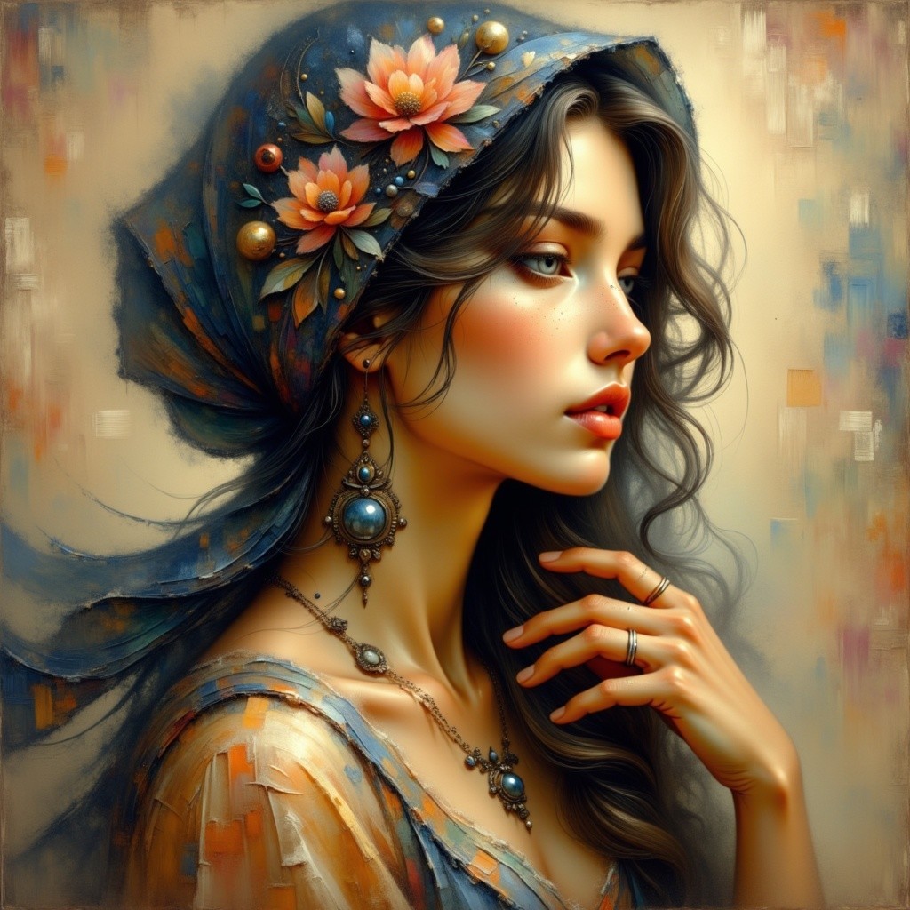 Styled Woman with Long Hair and Blue Scarf
