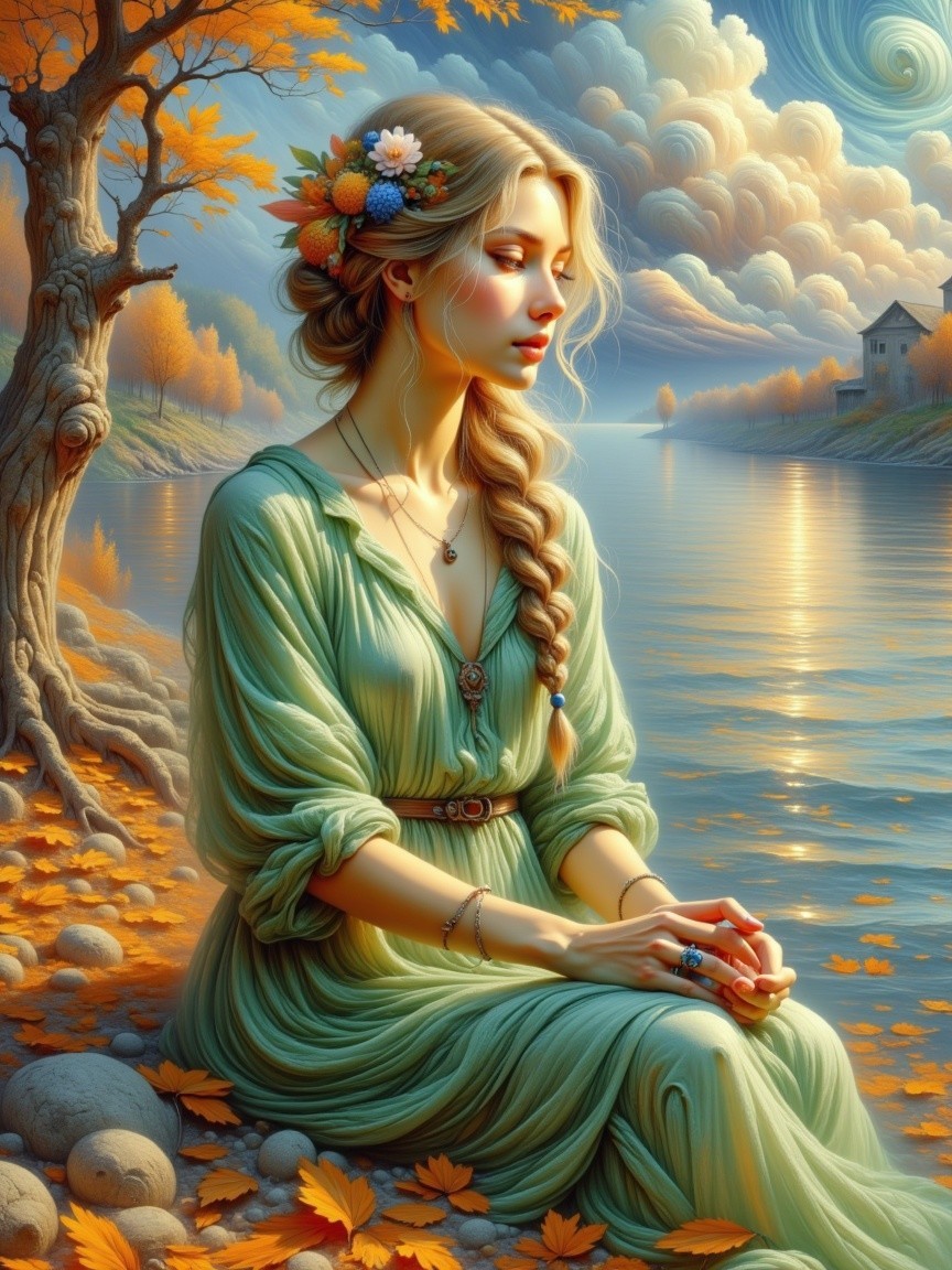 Young Woman by Tranquil River in Autumn Landscape