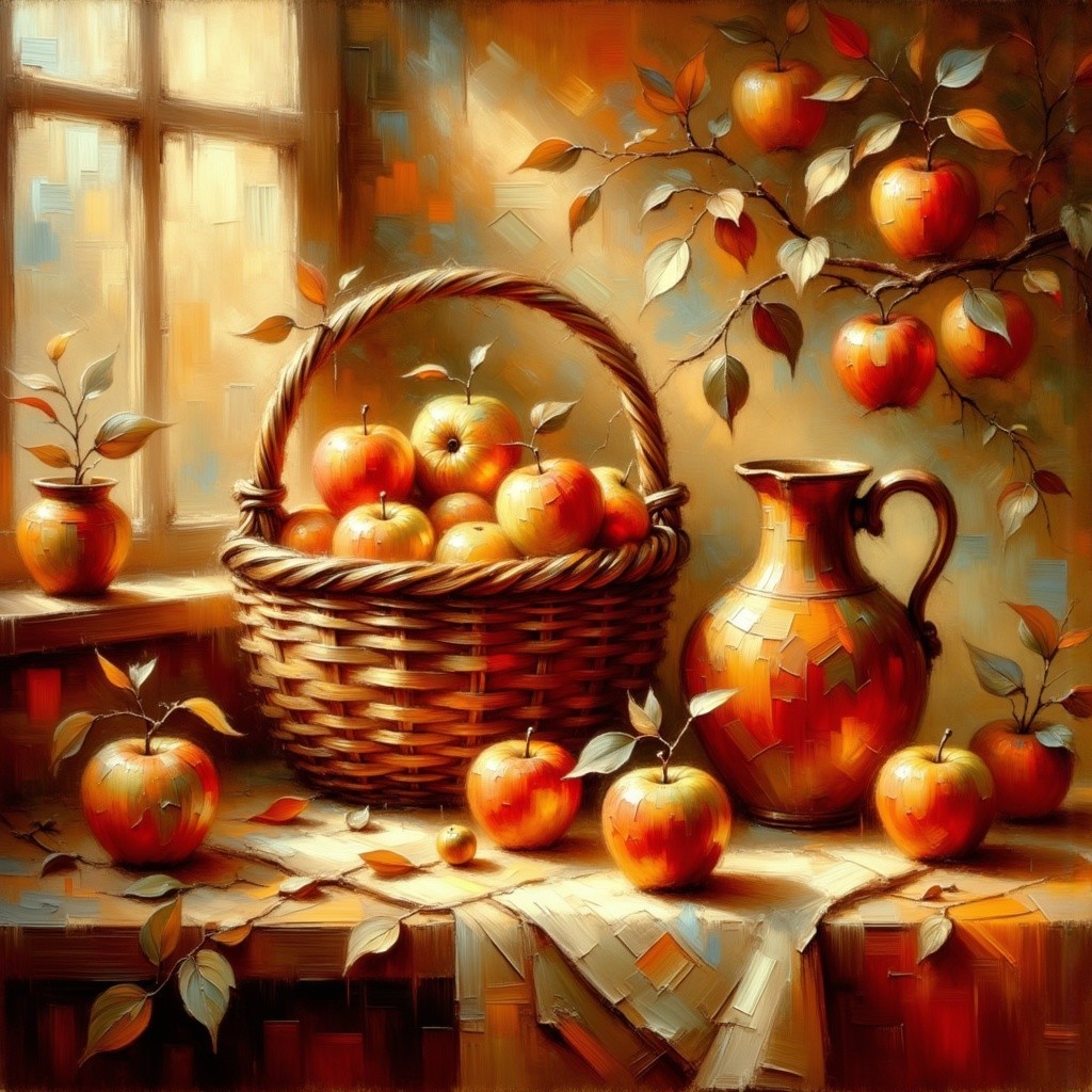 Still Life with Woven Basket of Ripe Apples
