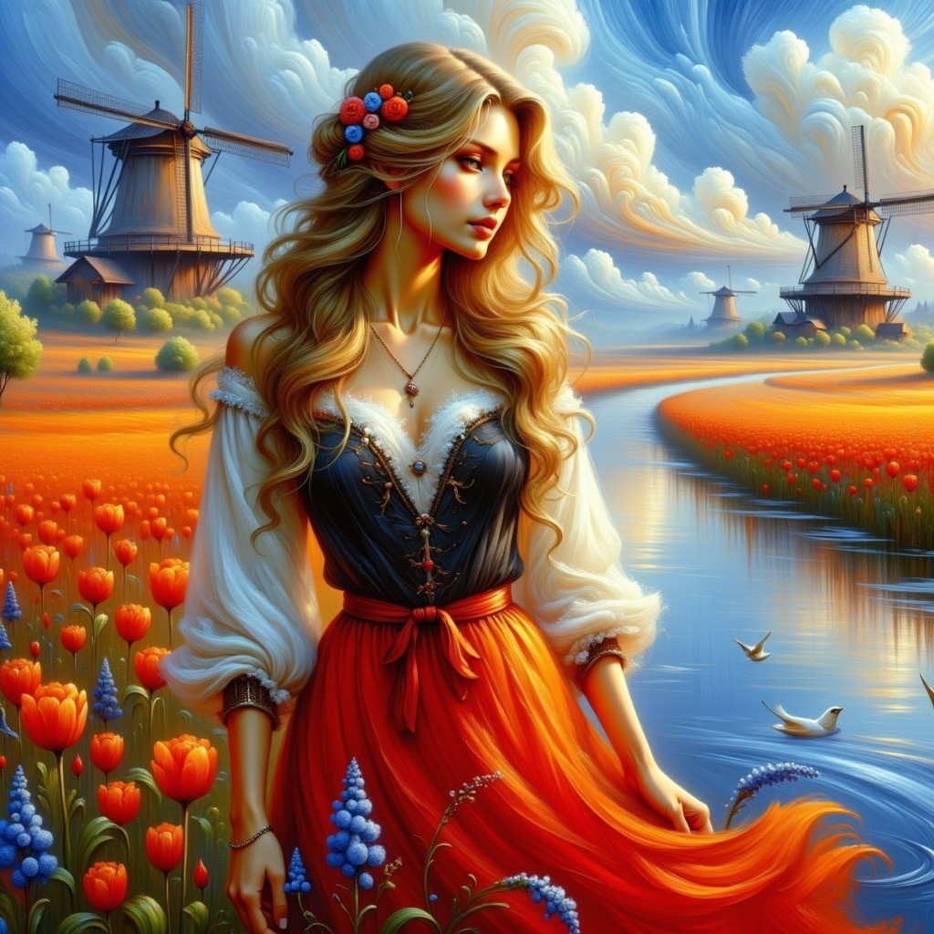 Serene landscape with woman in traditional dress by river