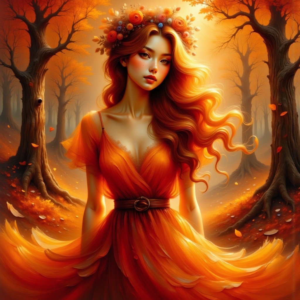 Ethereal Woman in Autumn Forest with Vibrant Colors