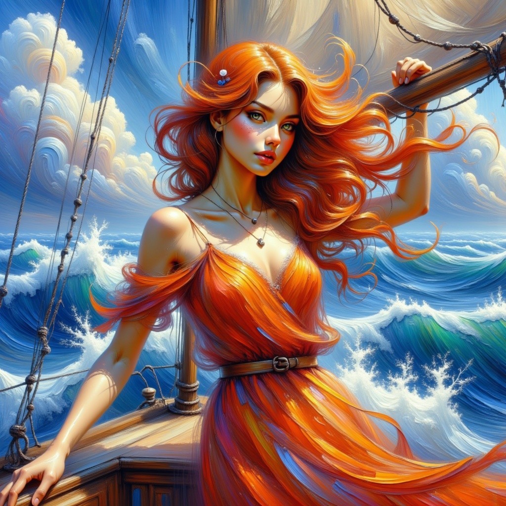 Vibrant Woman in Orange Dress on Sailing Ship Deck