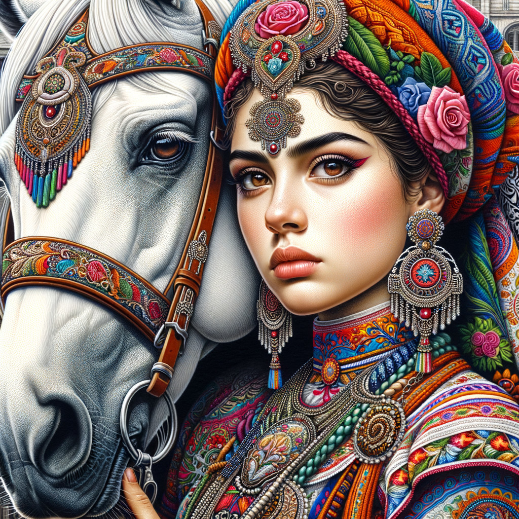 Young Woman in Traditional Attire with White Horse