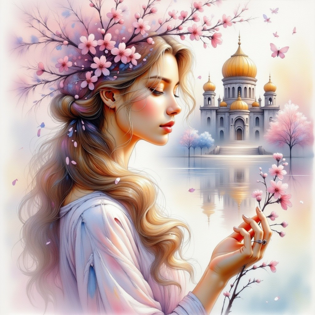 Young Woman with Cherry Blossoms in Tranquil Landscape