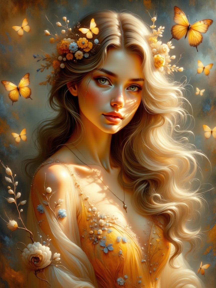 Serene Young Woman in Floral Gown with Butterflies