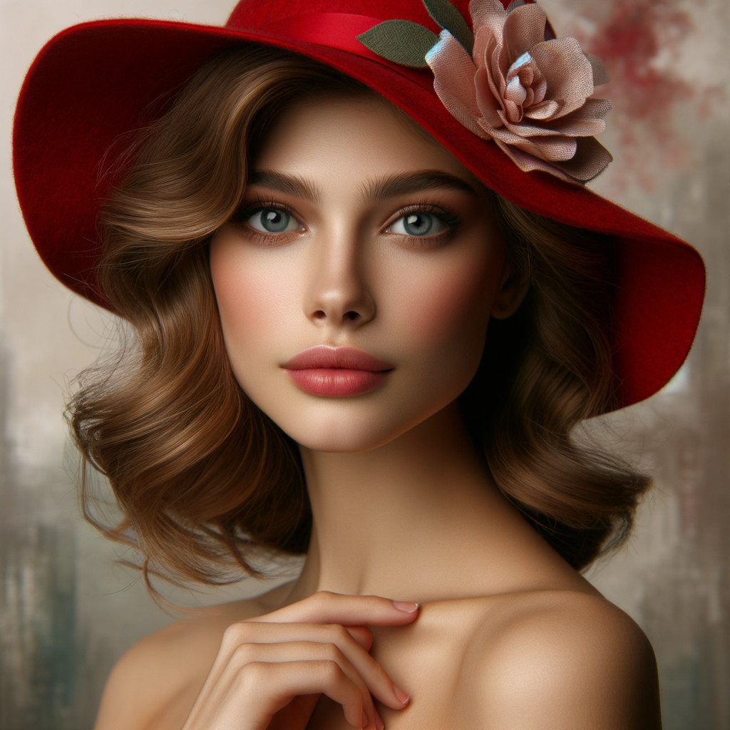 Elegant Woman in Red Hat with Flower and Dreamy Background