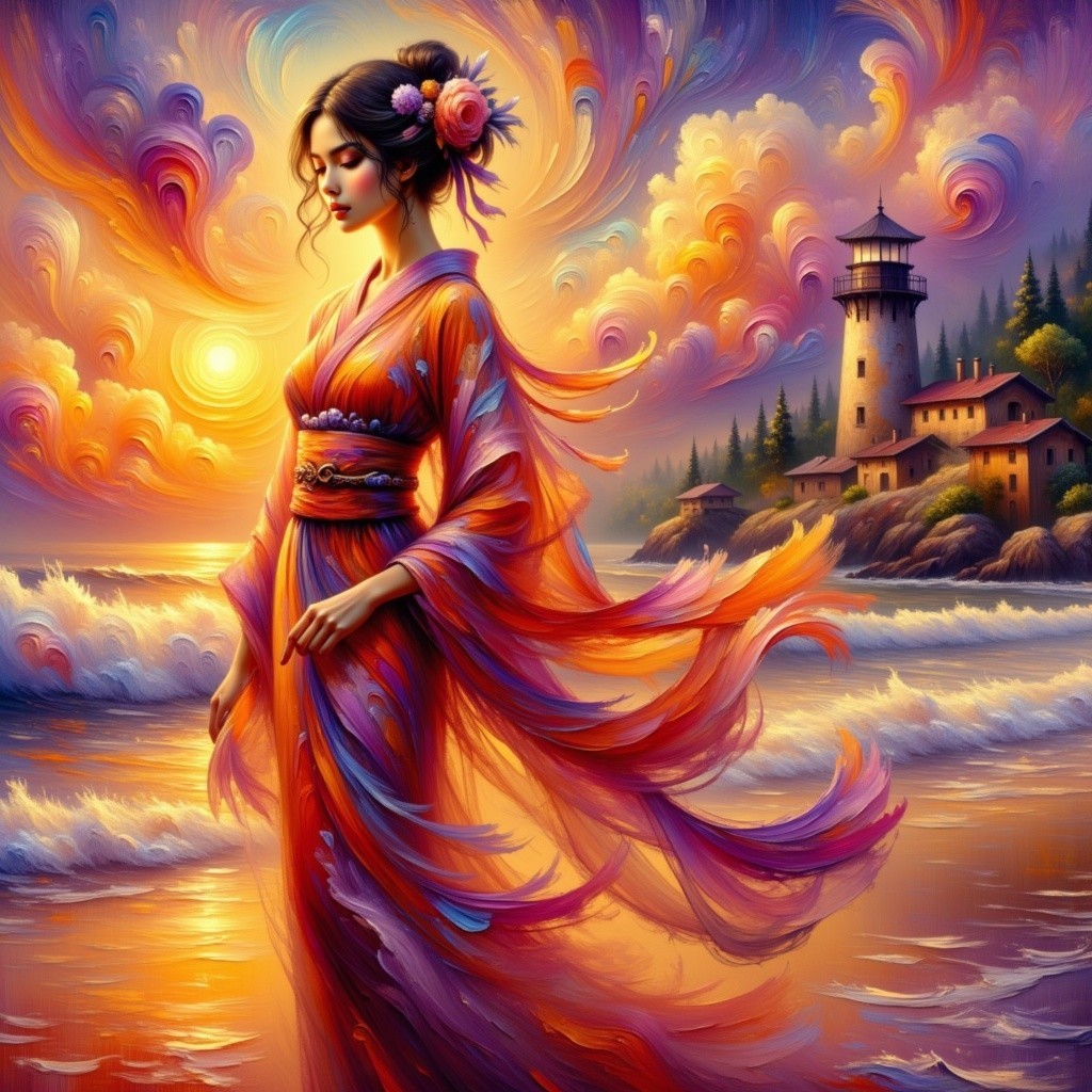 Woman in Orange Kimono by the Shore at Sunset