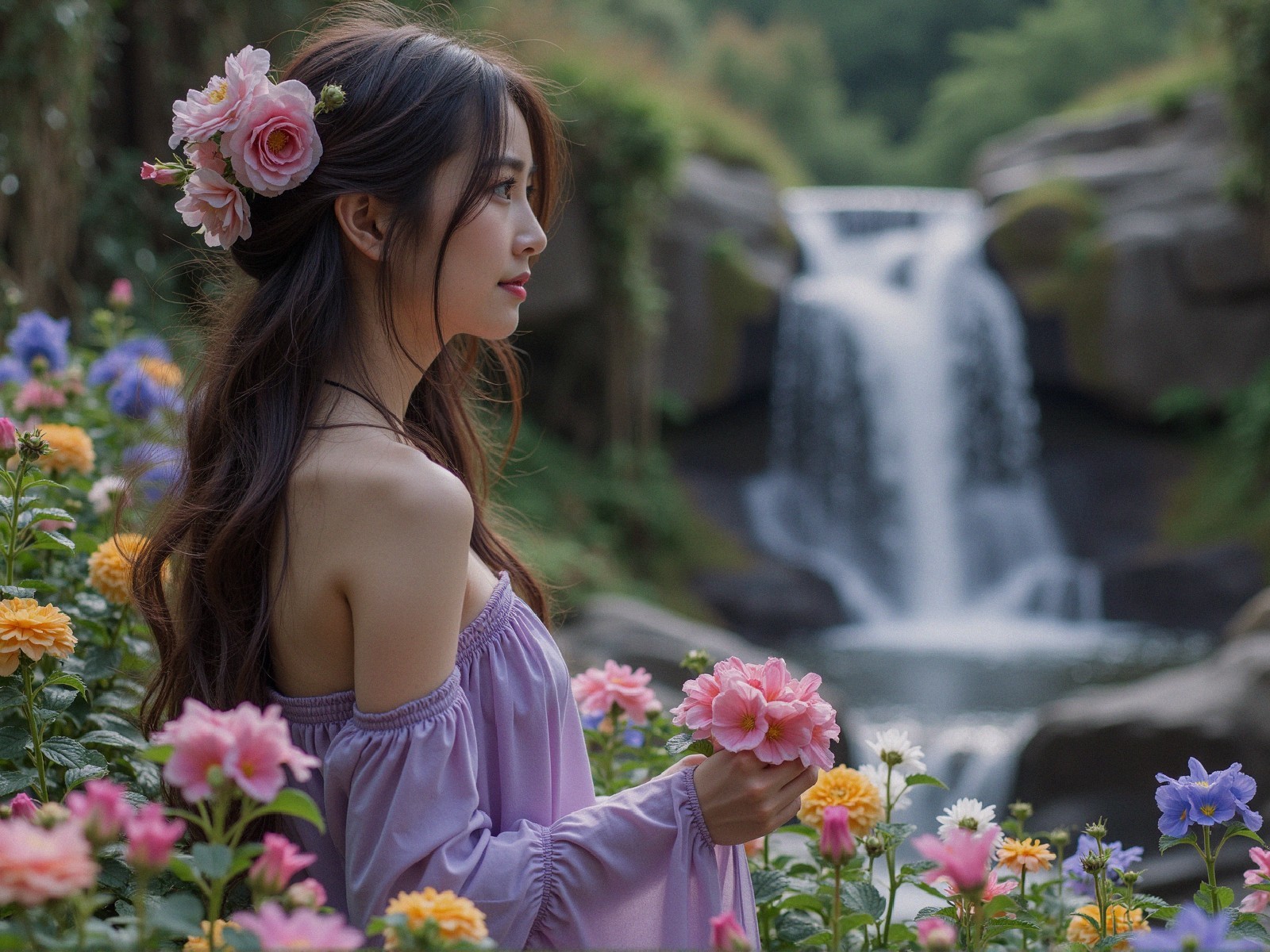 Young Woman in Lavender Dress in Vibrant Garden