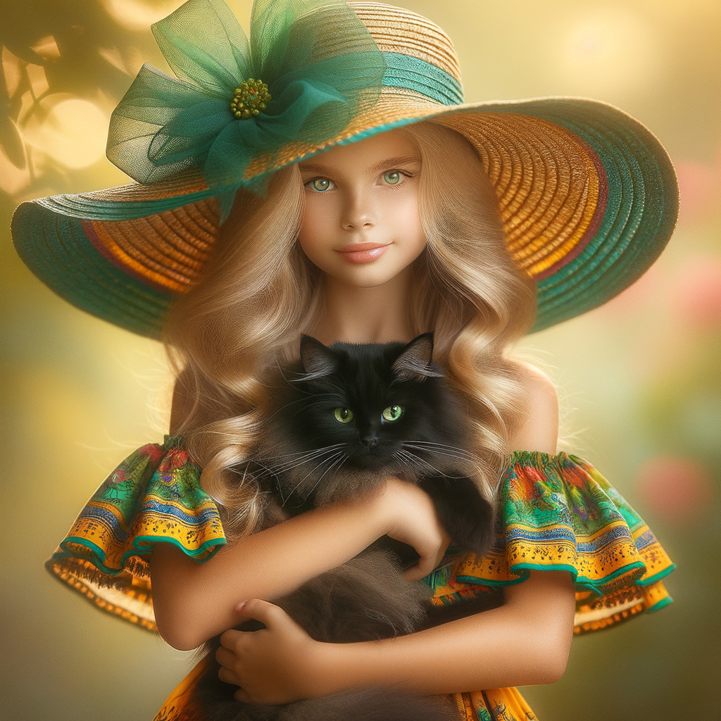 Young girl with hat and cat in a dreamy garden