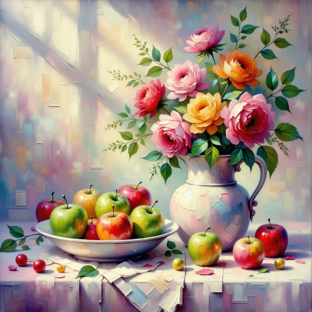 Vibrant Still Life with Roses, Apples, and Cherries