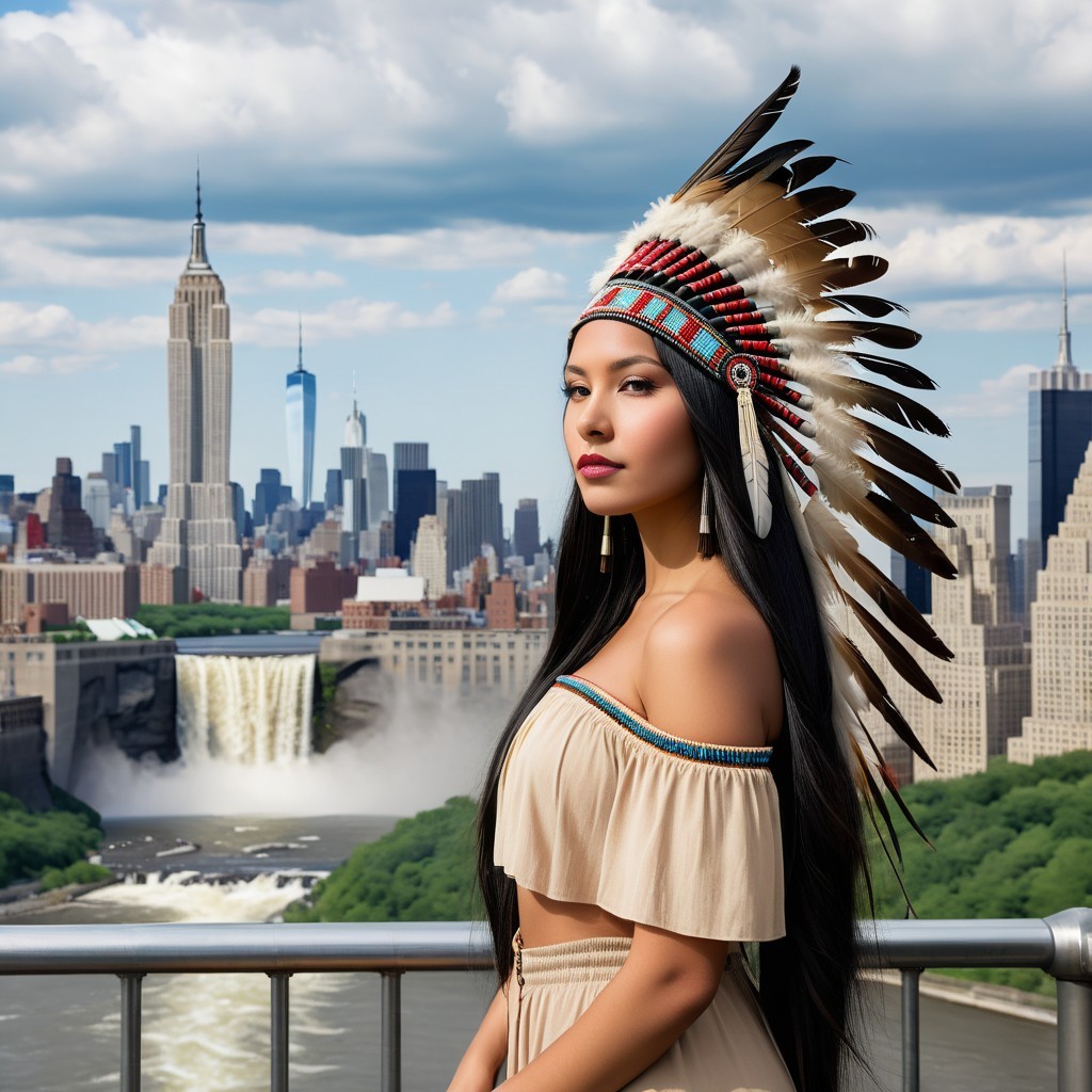 Indigenous Woman in Urban Skyline with Waterfall