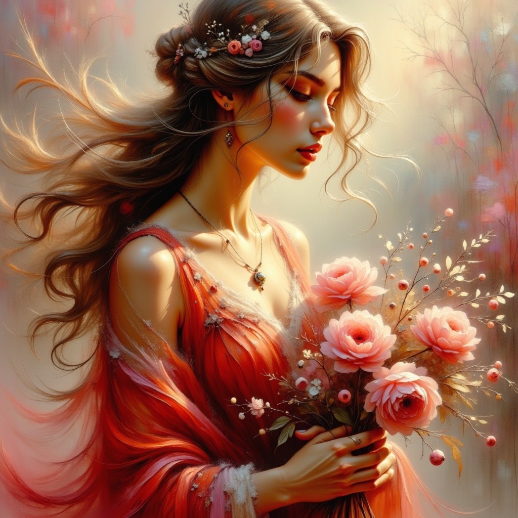 Serene Woman in Flowing Dress with Floral Bouquet