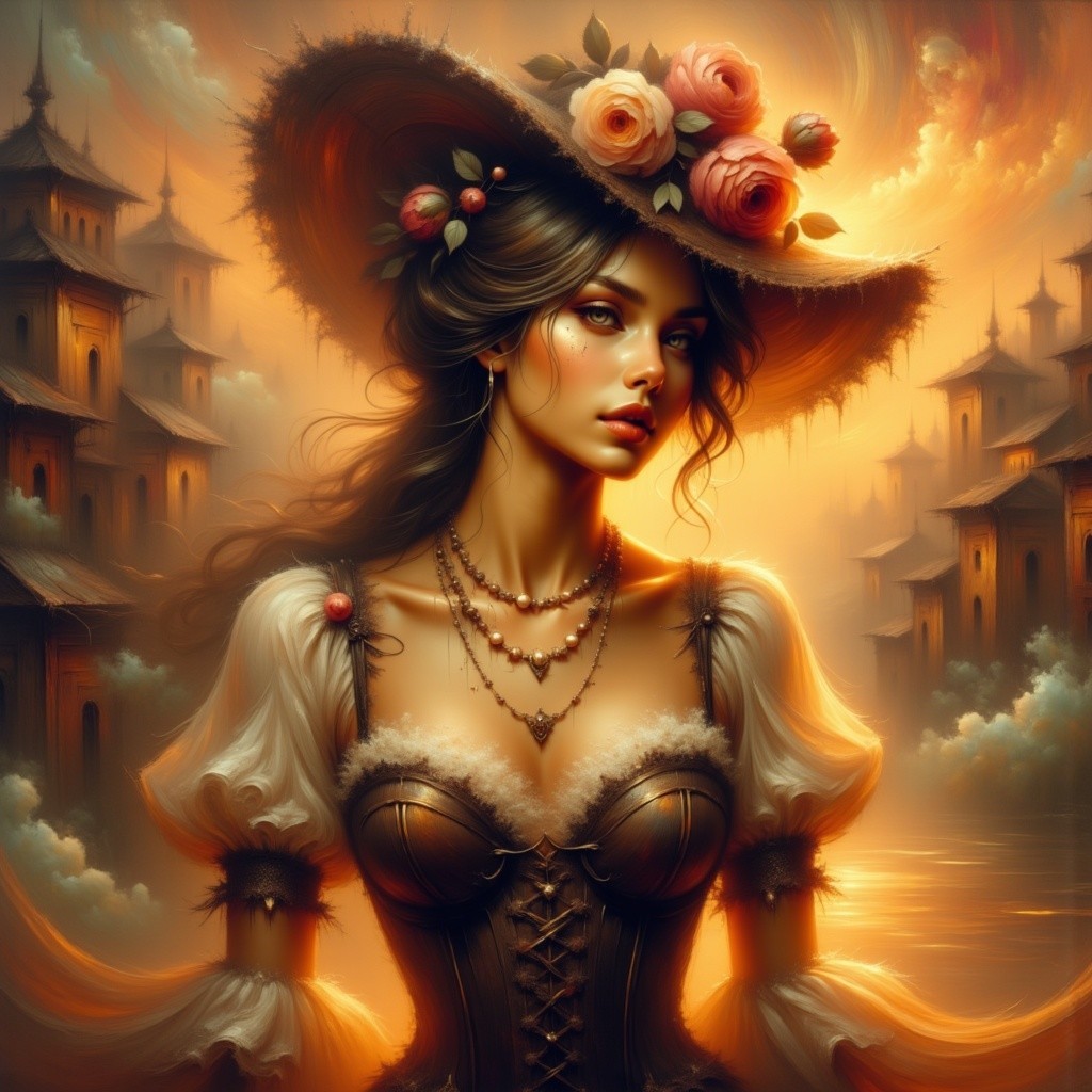 Woman in Corset with Sunset and Village Background