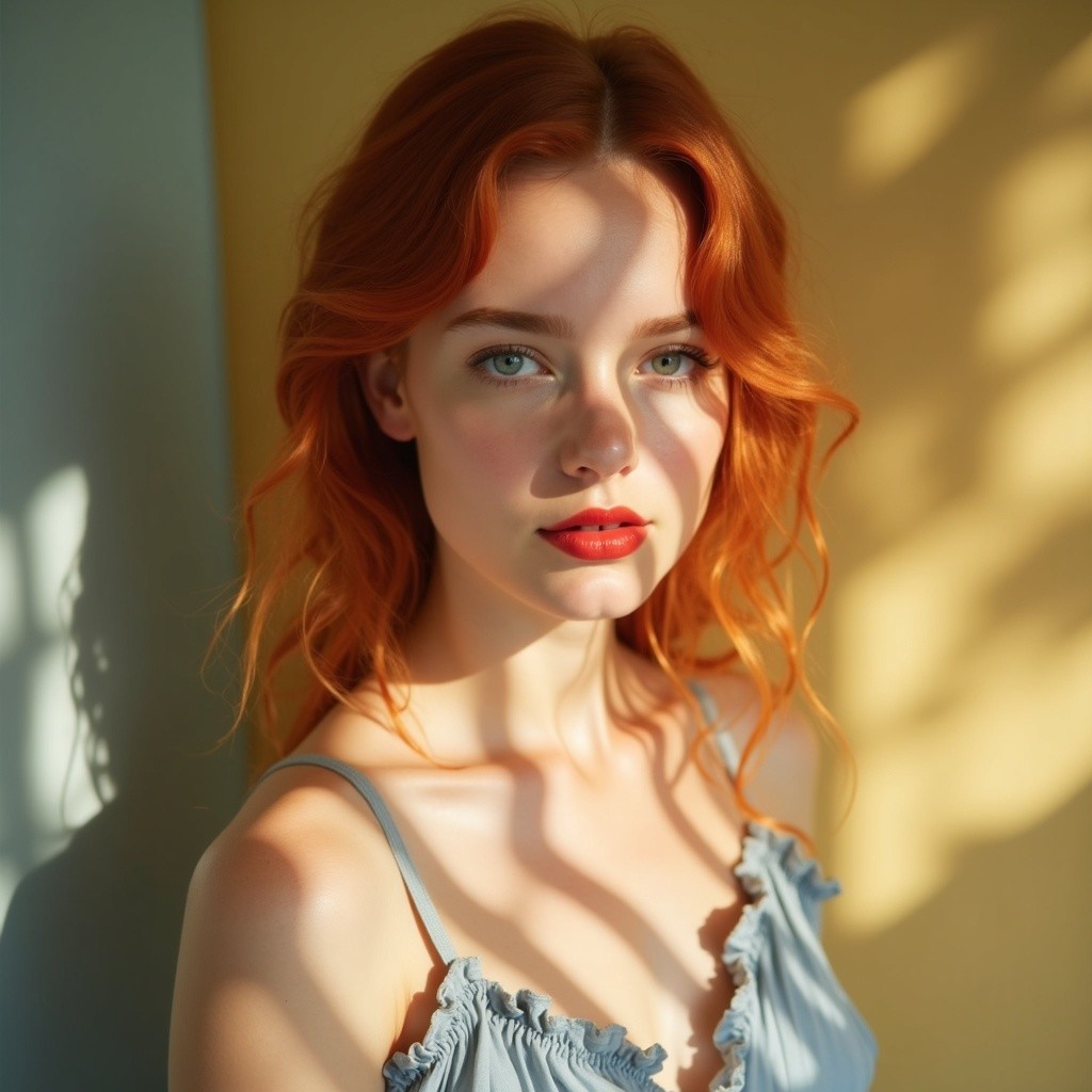 Young Woman with Red Hair in Pastel Background