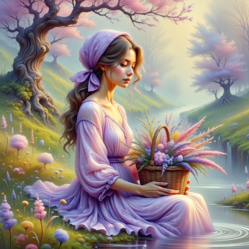Pastel Landscape with Woman by Tranquil Riverbank