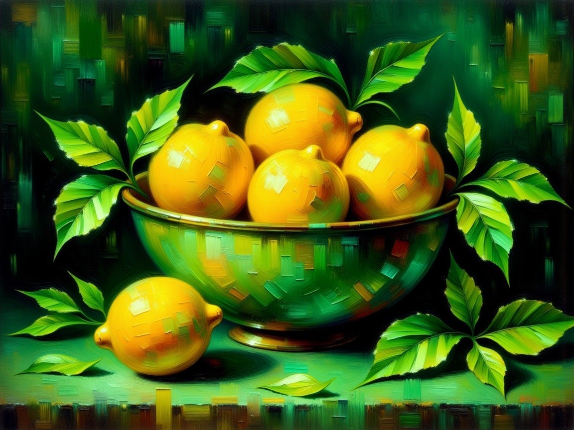 Vibrant Still Life of Lemons and Green Leaves