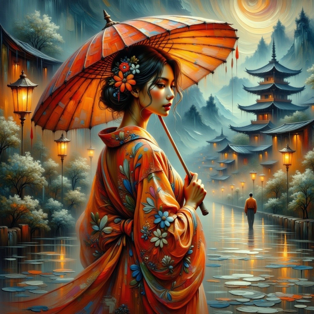 Woman in Floral Kimono by Tranquil Water Scene