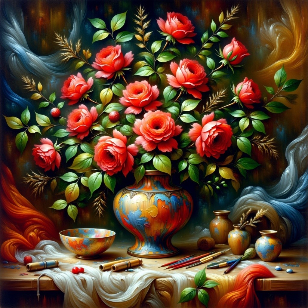 Vibrant Still Life with Red Roses and Art Supplies