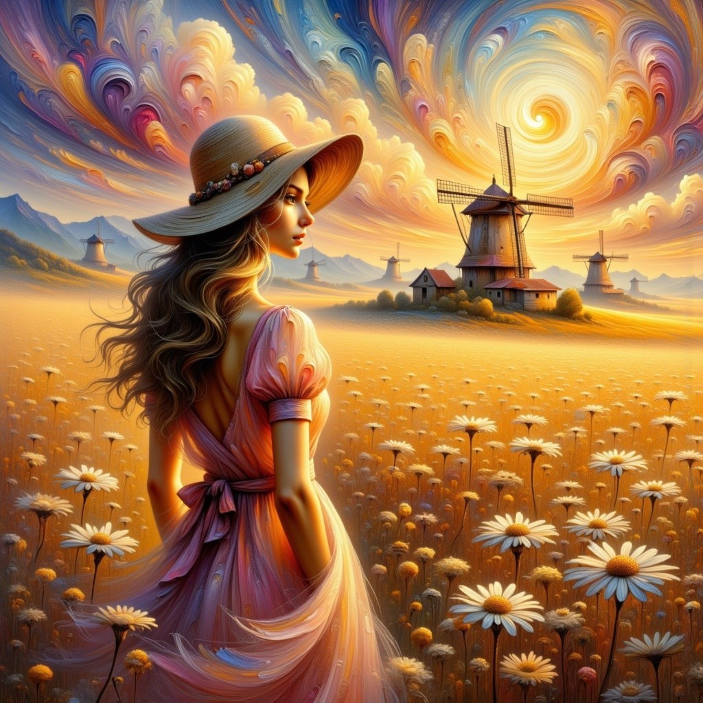 Young Woman in Pink Dress in Golden Daisy Field