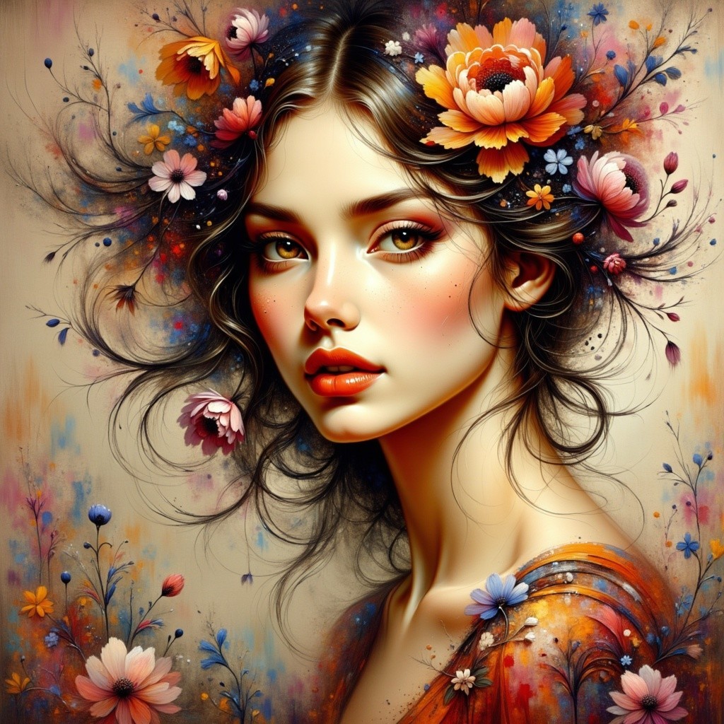 Portrait of a Young Woman with Floral Hair Accents