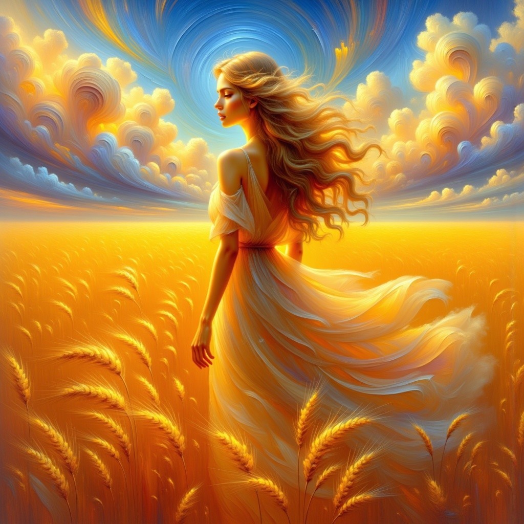 Serene Woman in Wheat Field at Sunset