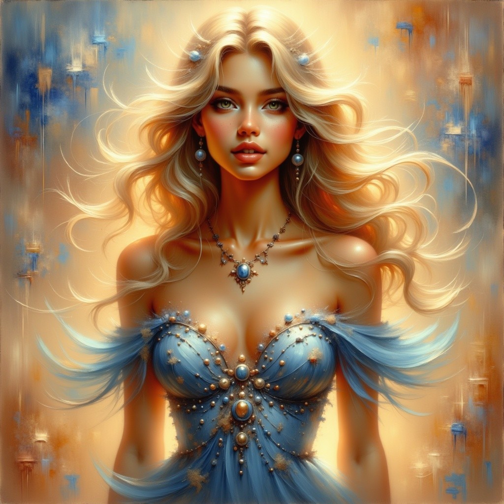 Elegant woman in blue gown with pearls and gemstones