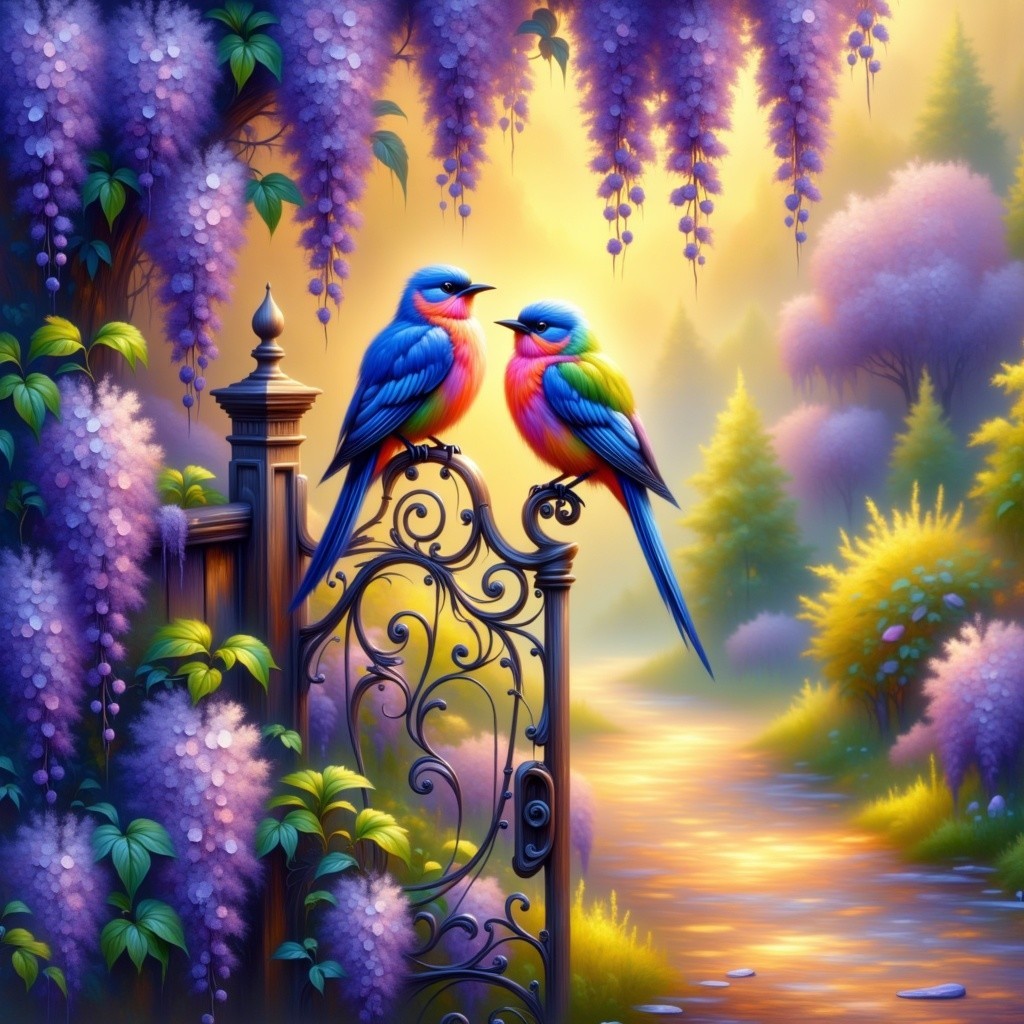Serene garden with vibrant birds and wisteria gate