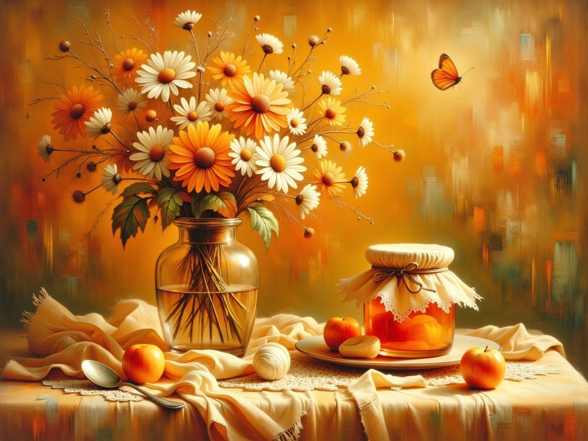 Vibrant Still Life with Daisies, Honey, and Oranges
