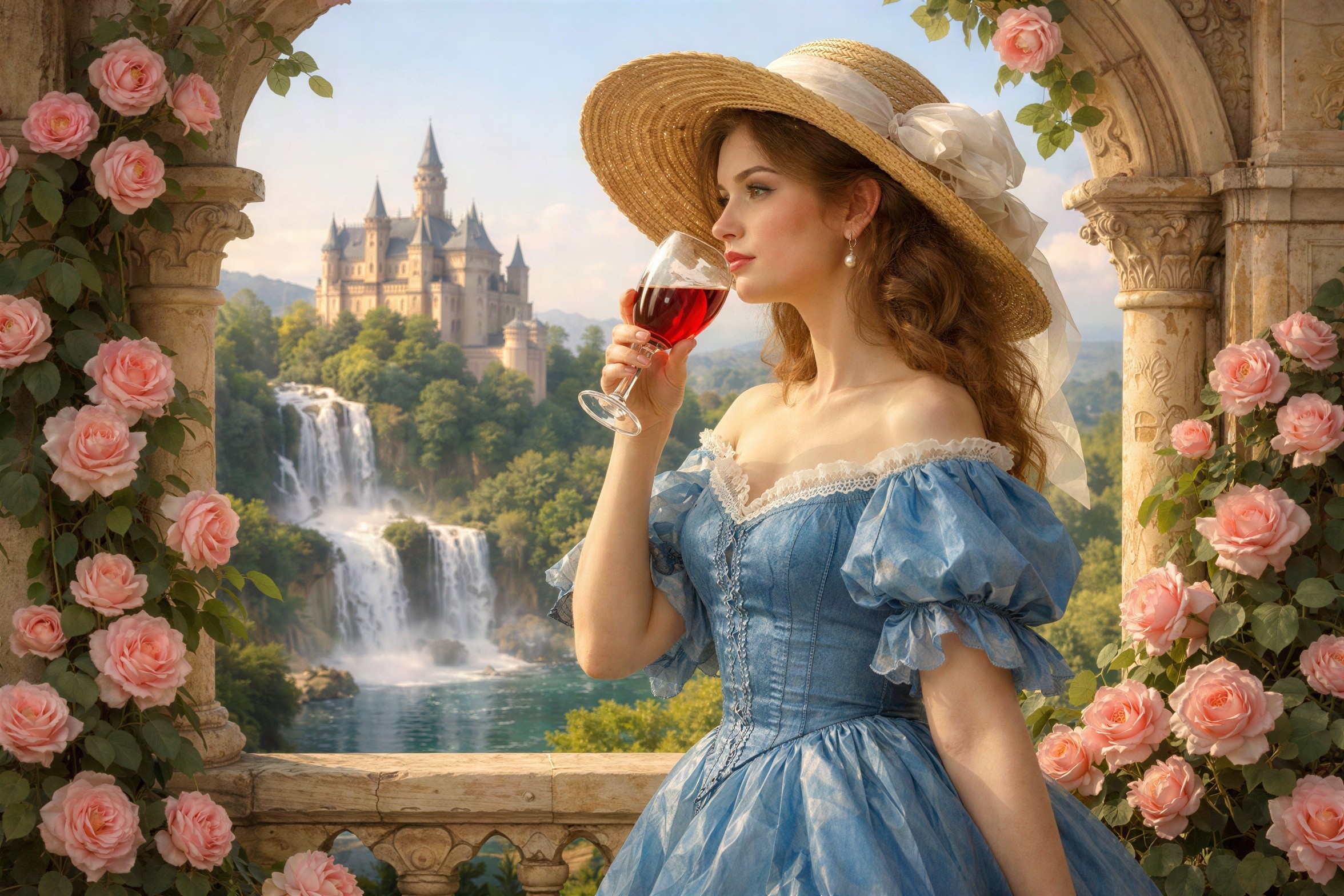 Young Woman in Historical Dress on Stone Balcony