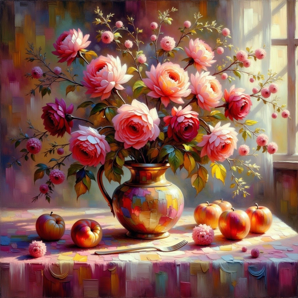 Vibrant Still Life with Roses and Ripe Apples
