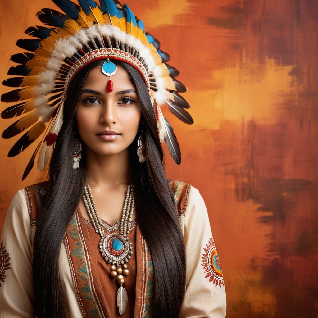 Young woman in traditional attire with feathered headdress