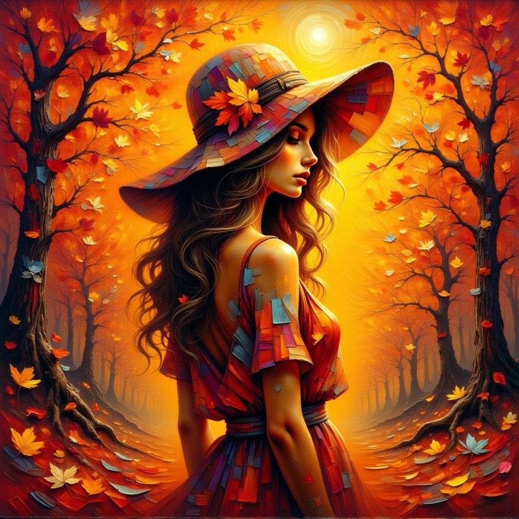 Woman in Vibrant Dress in Surreal Autumn Landscape