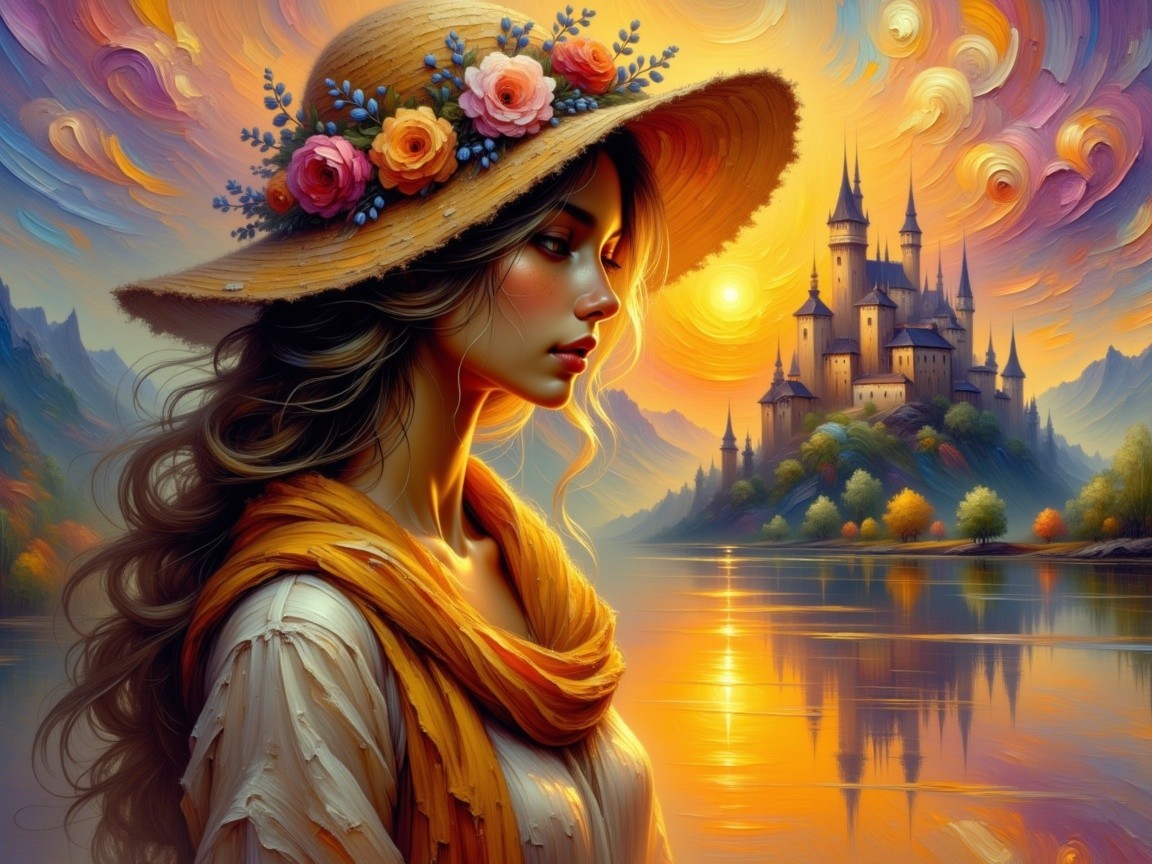 Young woman in hat by sunset lake with castle silhouette