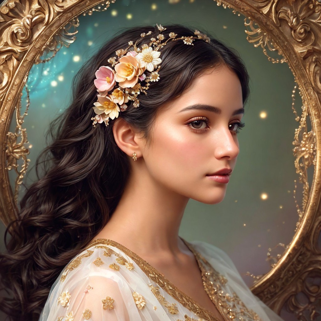 Young woman with floral hair accessories in ornate frame