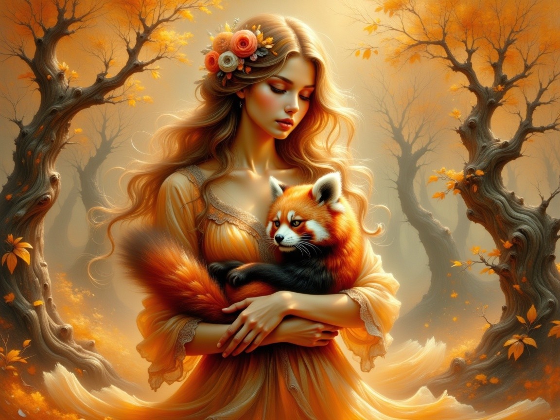 Young Woman with Red Panda in Autumn Forest Scene