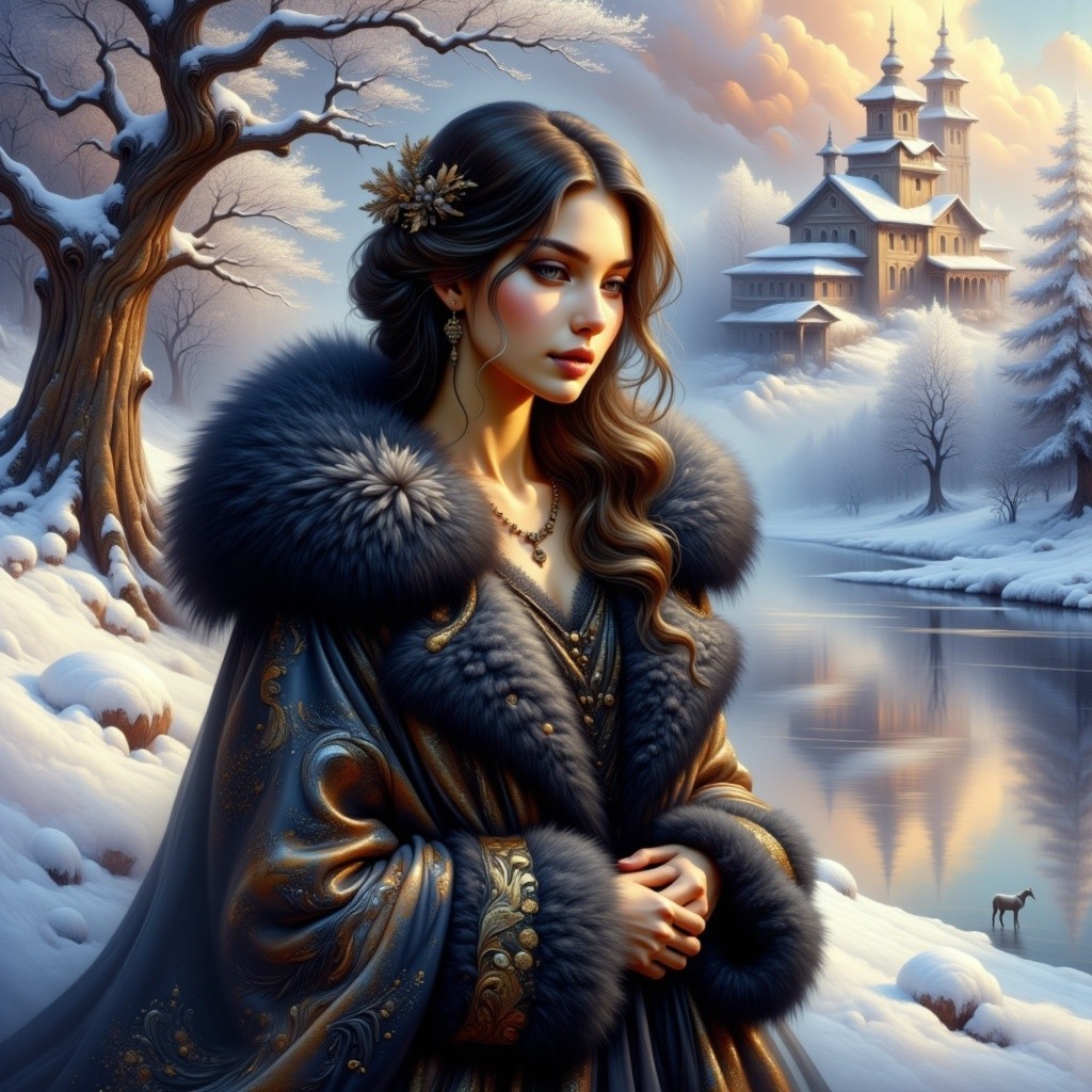 Winter Scene with Woman by Tranquil River and Castle