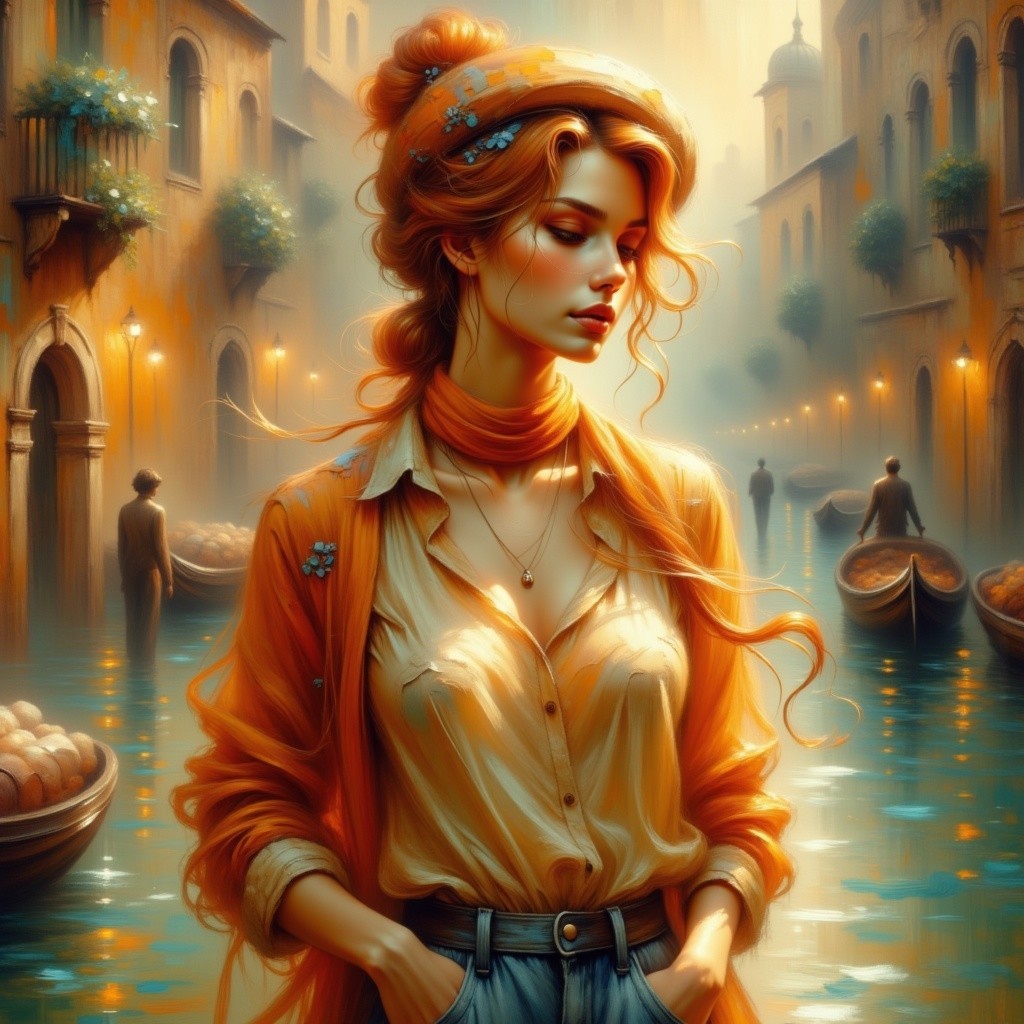 Elegant Young Woman in Sunlit Canal Setting