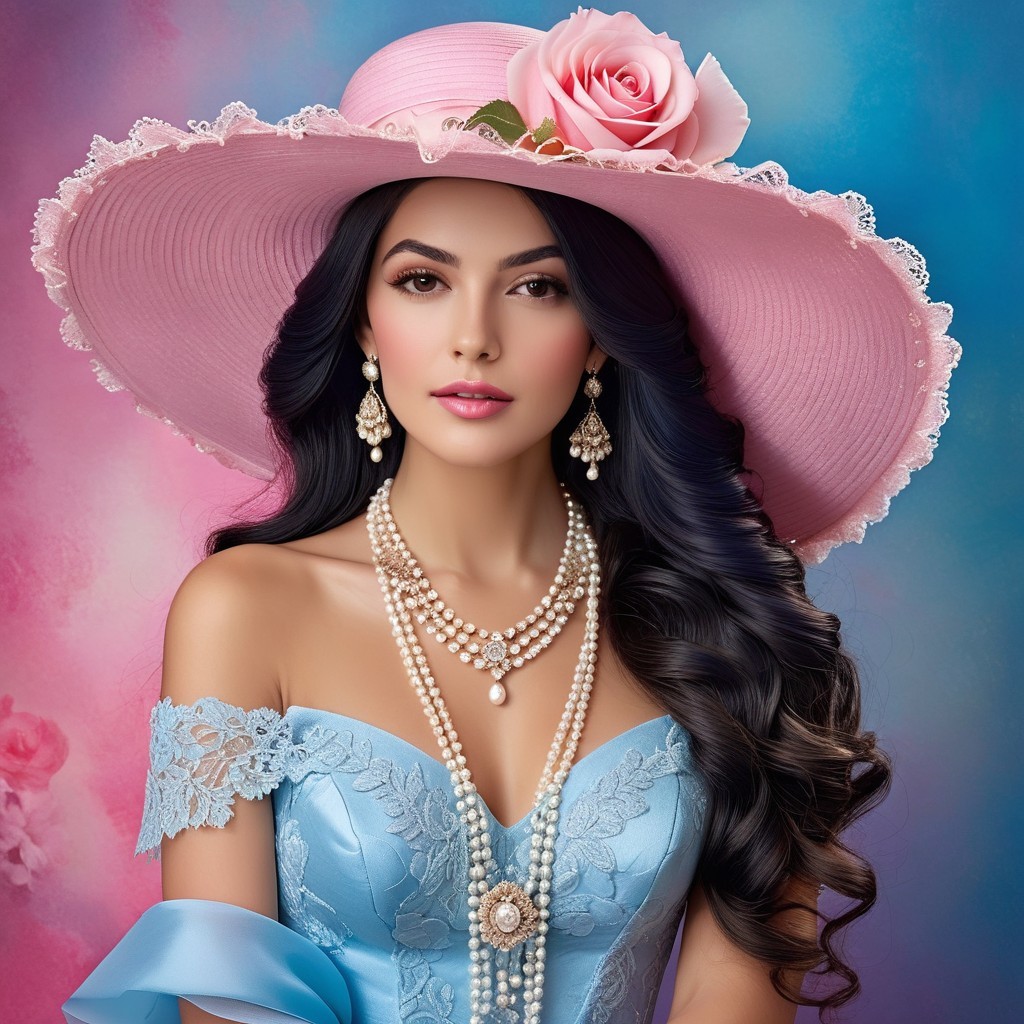 Glamorous Woman in Pink Hat and Elegant Blue Gown