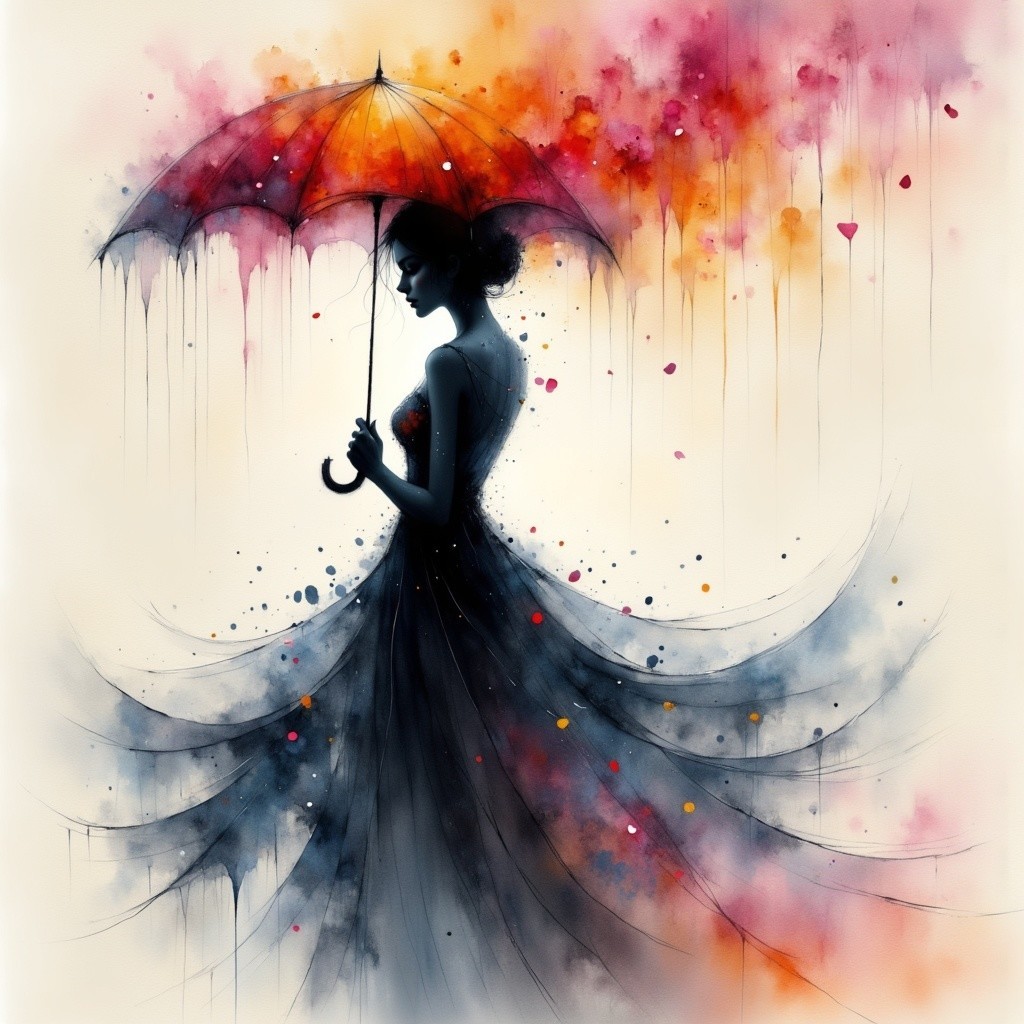 Silhouette of a Woman with Red Umbrella and Gown