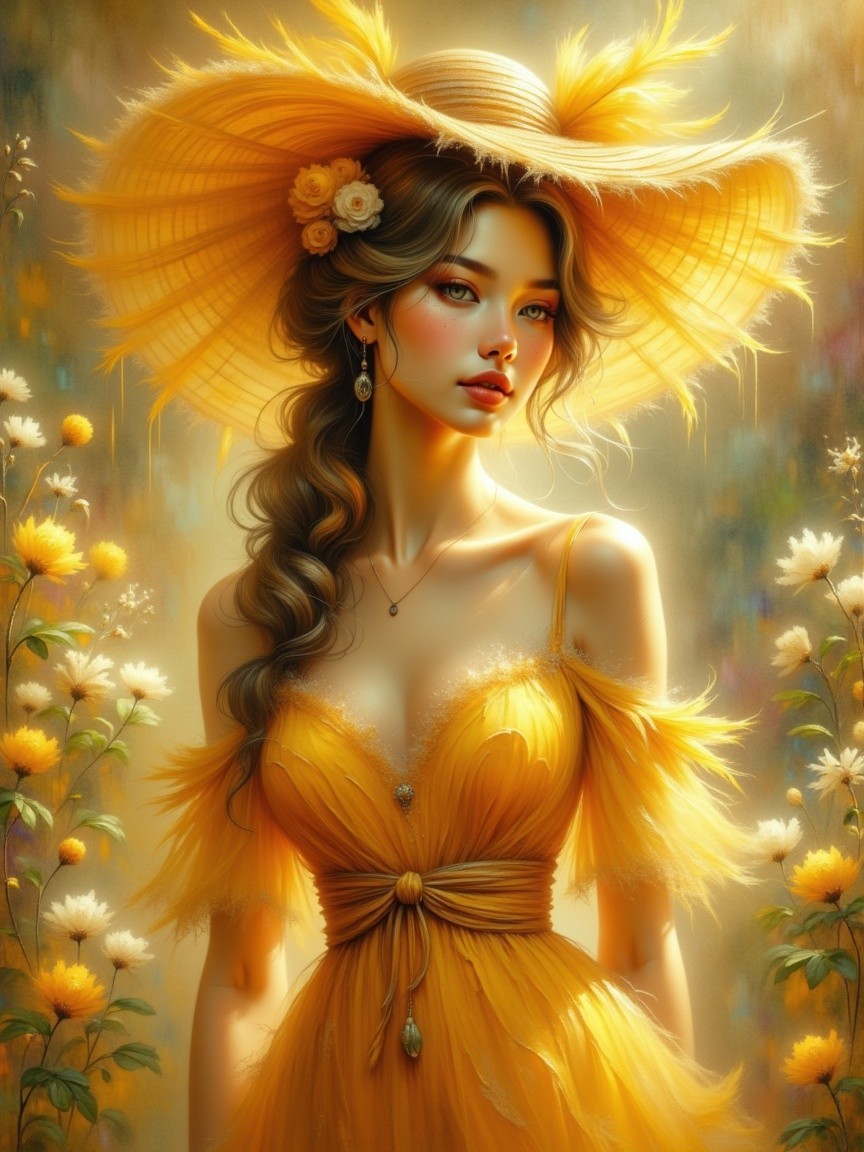 Young woman in yellow dress with floral backdrop