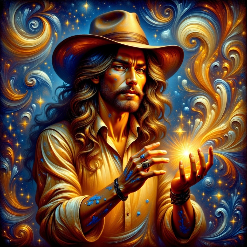Man with long hair and hat holding glowing orb